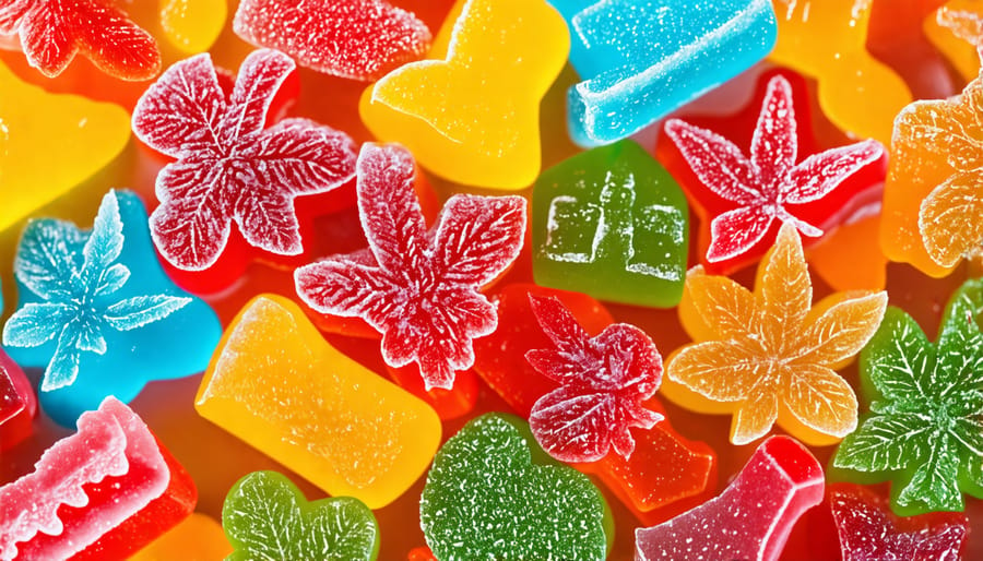 A variety of colorful THC gummies laid out on a surface