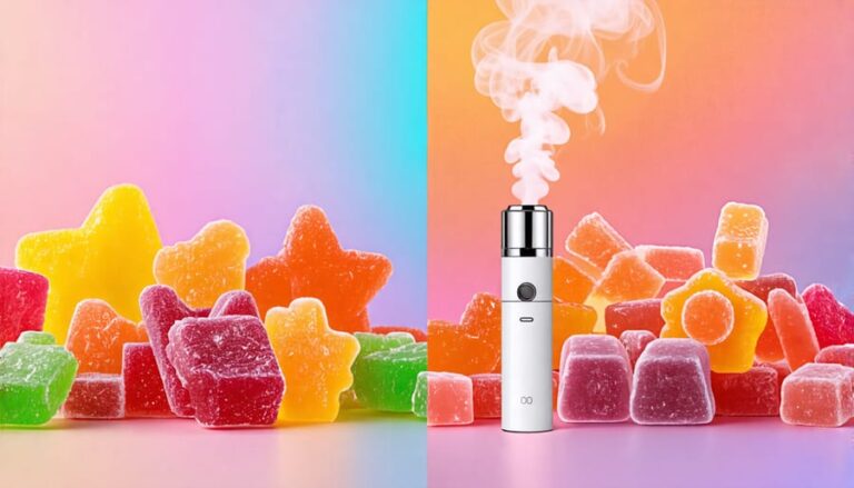 An illustration comparing colorful THC gummies with a sleek vaping device, representing two distinct cannabis consumption methods.