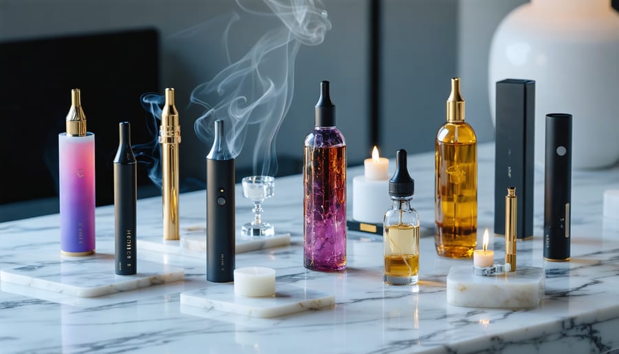 A collection of high-end vaping devices and colorful e-liquids displayed elegantly on a marble table, set against a backdrop with gentle vapor trails.