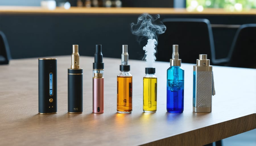 Various high-end vaping devices and e-liquids positioned elegantly on a table