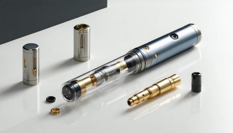 "Exploded view of a premium THCA vape pen showcasing its high-quality construction materials like stainless steel and ceramic, detailed with temperature control system and battery elements."