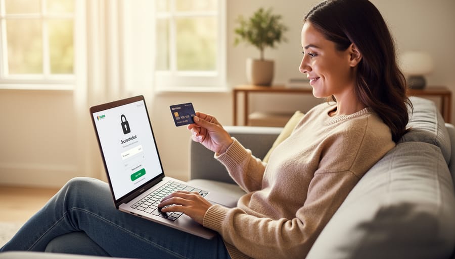 Adult customer holding a smartphone near a credit card with vaping device accessories on a desk