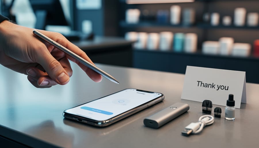 Close-up of a customer’s hand near a smartphone inviting feedback, with vaping products and accessories on a retail counter in a clean modern store setting.