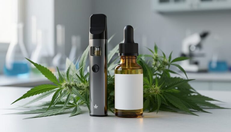 Close-up of a vape device and an amber glass bottle of pale golden CBD vape e-liquid next to fresh hemp leaves and stems on a clean surface.