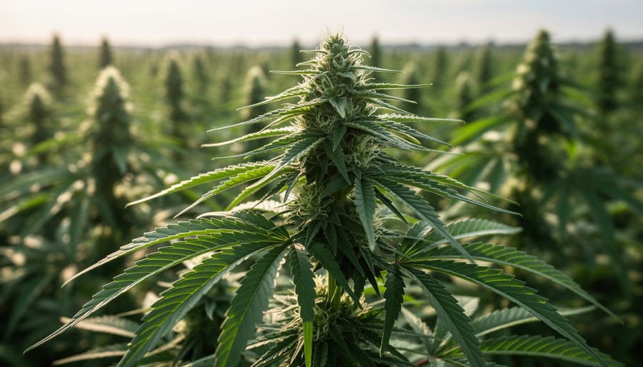 Hemp plants with resinous buds in a sunlit field