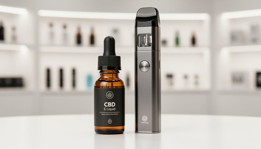 Modern vape device next to a glass bottle of hemp-derived CBD e-liquid on a countertop