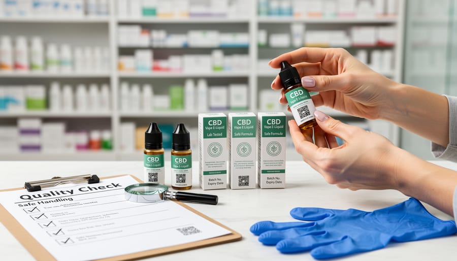 Sealed CBD vape e-liquid bottle and lab-testing materials on a dark tabletop