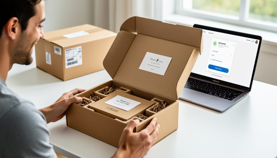 Warehouse worker placing a kraft shipping box into a carton with shipping materials