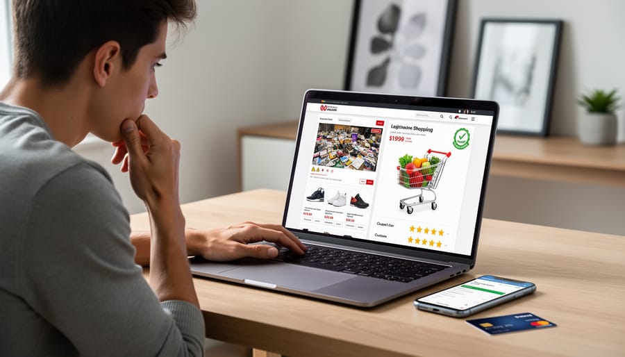 Person inspecting a delivery box and receipt on a desk to emphasize cautious online purchasing