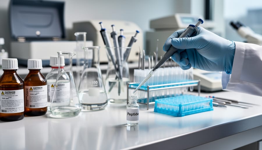 Laboratory beakers and tools arranged on a dark workbench, representing research settings where lab materials are handled
