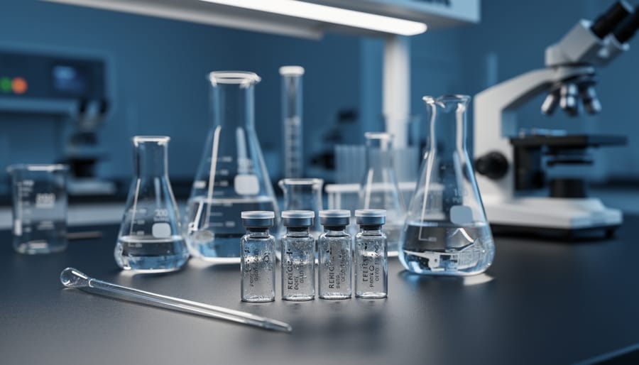 Laboratory glass beakers and small capped peptide vials on a dark workbench under soft overhead lighting, with no readable labels.