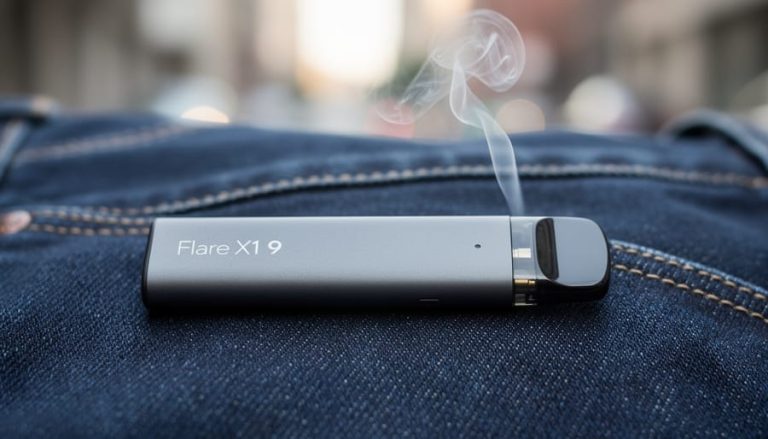 Flare X1 9 compact disposable vape on denim fabric with a faint vapor wisp rising, photographed in soft natural light.