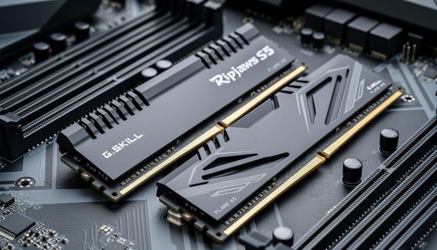 “Two DDR5 RAM modules placed side-by-side on an open PC motherboard, photographed in a clean tech environment.”