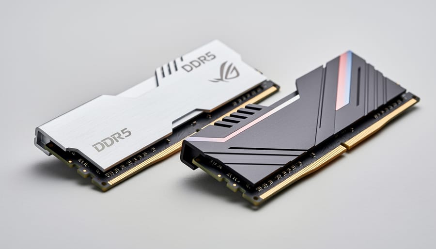 Close-up of two DDR5 RAM modules placed side-by-side on an anti-static mat