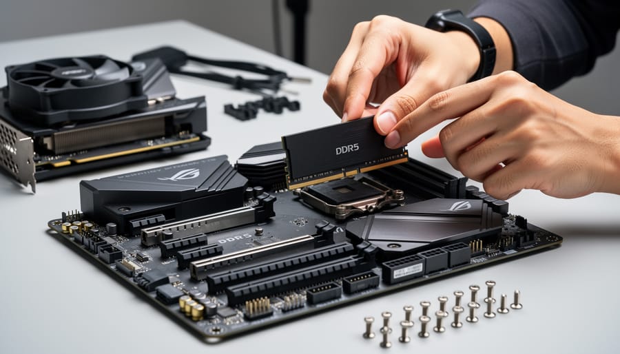 Hands hovering near DDR5 memory slots on a PC motherboard on a workbench